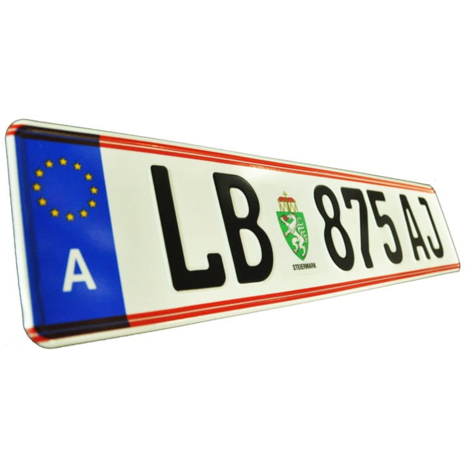 Austriacka tablica rejestracyjna z czerwonym obramowaniem, eurobandem i herbem Styrii.