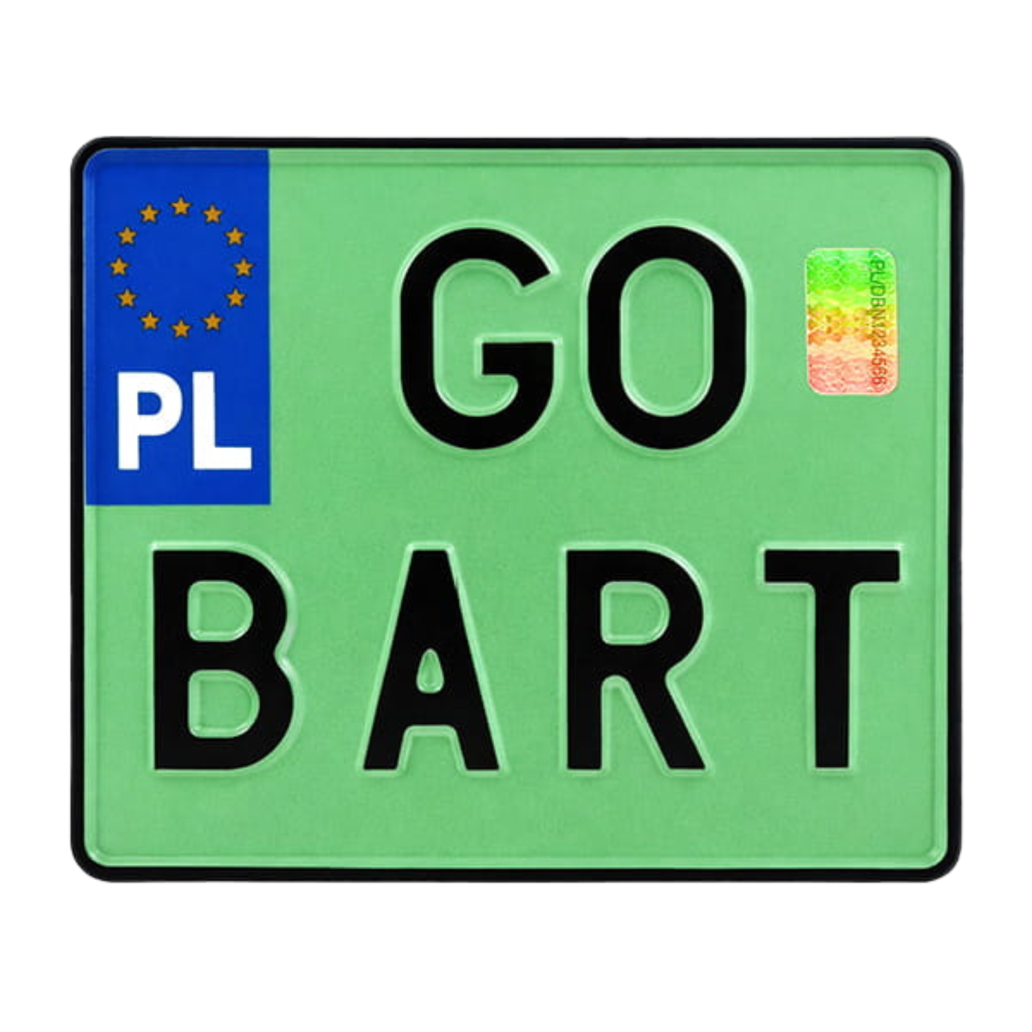 Zielona kwadratowa tablica rejestracyjna z czarnym oznaczeniem GO BART, przedstawiona na wprost. Tablica ma niebieski euroband z symbolem Unii Europejskiej i oznaczeniem PL, czarne obramowanie oraz hologram zabezpieczający.