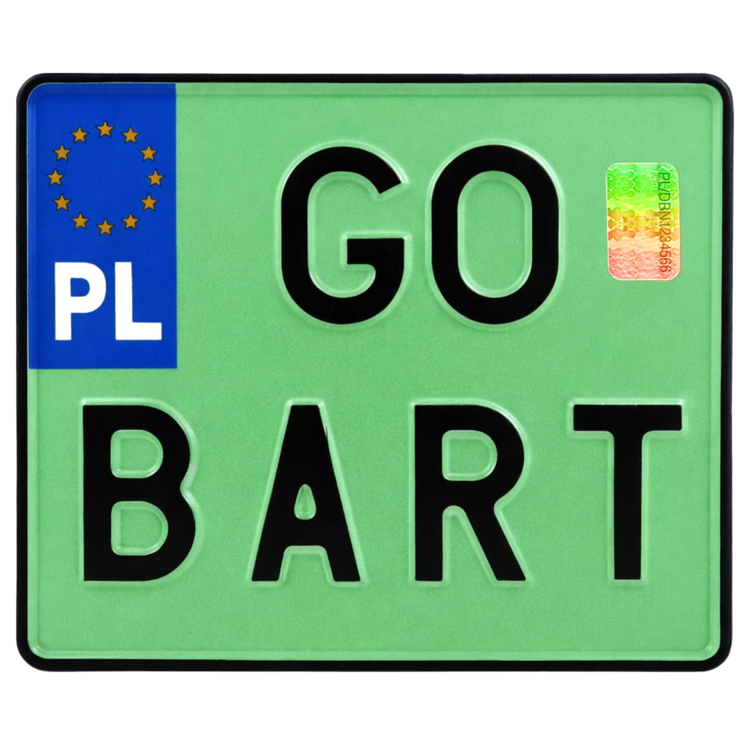 Zielona kwadratowa tablica rejestracyjna z czarnym oznaczeniem GO BART, przedstawiona na wprost. Tablica ma niebieski euroband z symbolem Unii Europejskiej i oznaczeniem PL, czarne obramowanie oraz hologram zabezpieczający.