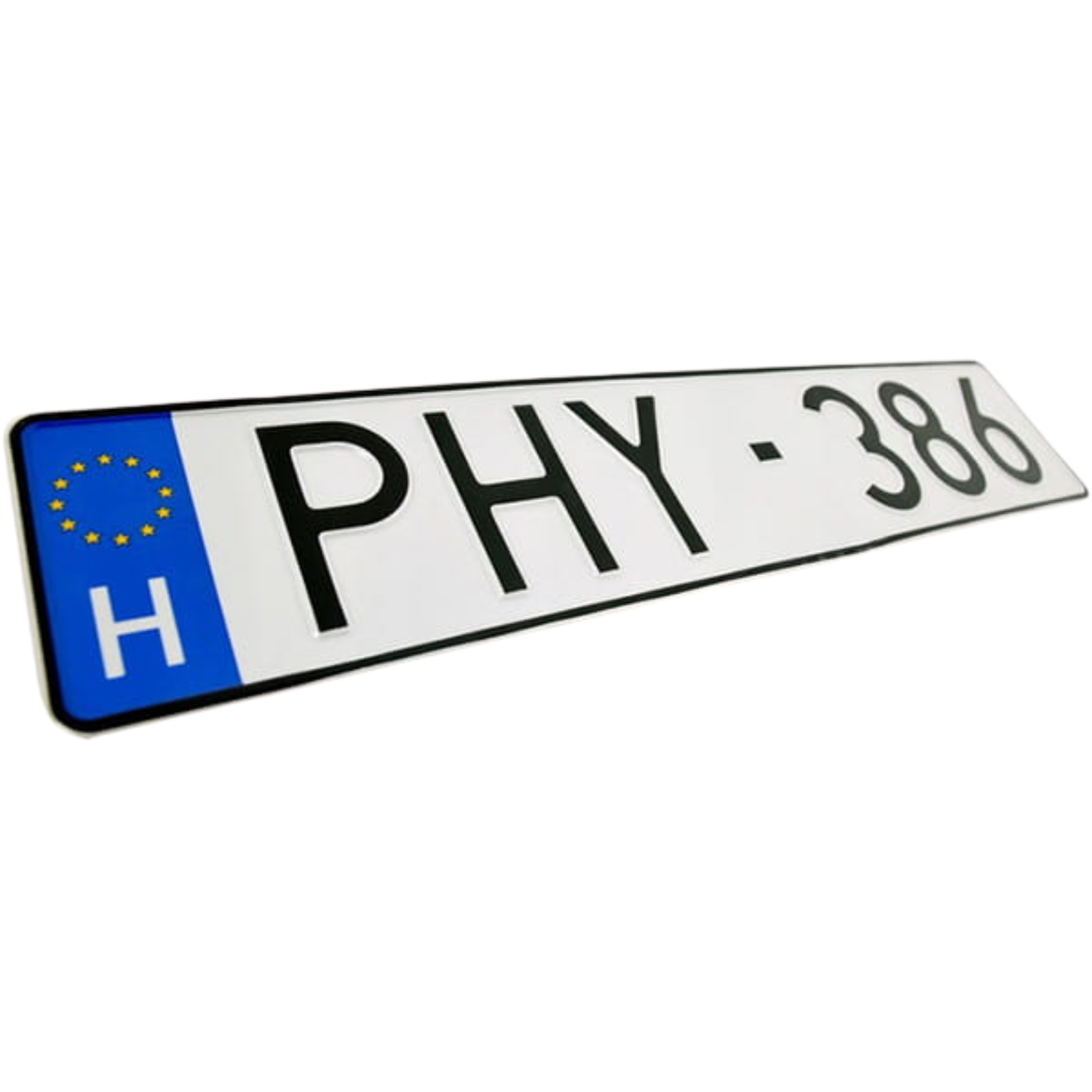 Węgierska tablica rejestracyjna PHY-386 pokazana pod kątem, z czarnymi znakami oraz niebieskim eurobandem z oznaczeniem H.