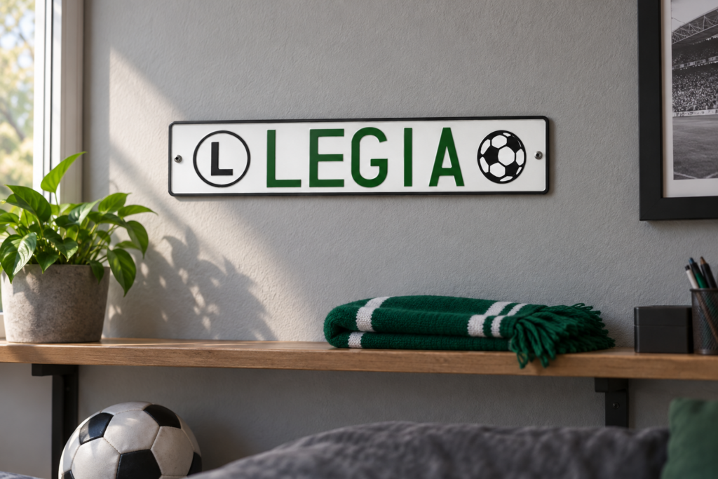 Dekoracyjna tablica rejestracyjna z napisem „LEGIA” i symbolem piłki nożnej, zawieszona na ścianie w pokoju kibica.