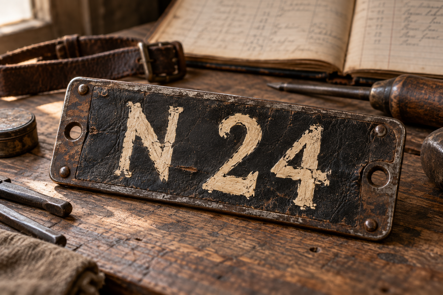 Stara metalowa tablica rejestracyjna „N 24” leżąca na drewnianym stole w zabytkowym warsztacie.